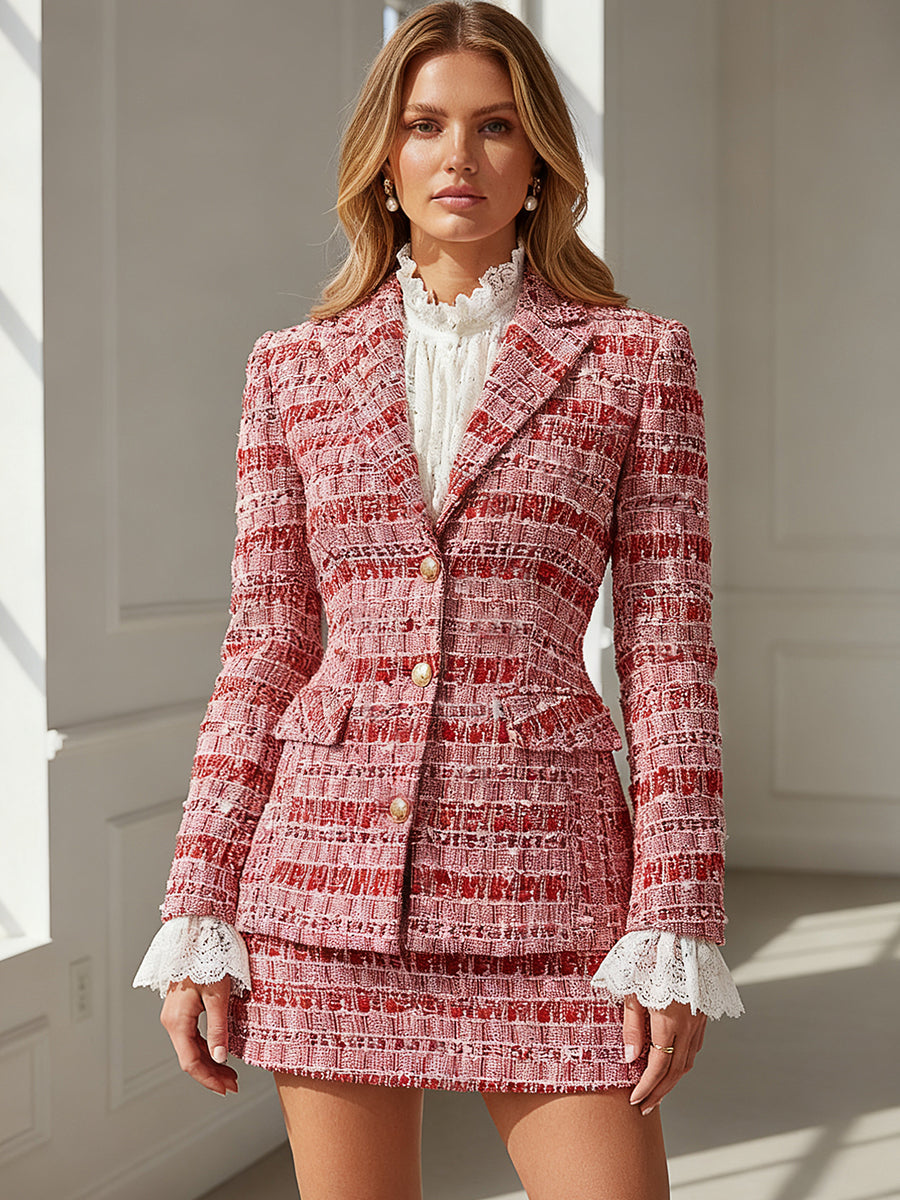 Élégant Blazer Rouge en Tweed : Chic et Raffiné