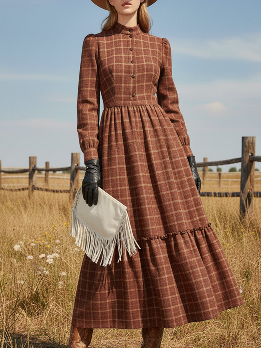 Robe Maxi à Col Rond en Plaid Rouge Éclatant avec Boutons
