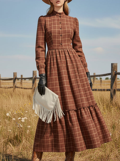 Robe Maxi à Col Rond en Plaid Rouge Éclatant avec Boutons