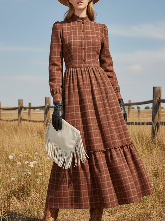 Robe Maxi Boutonnée en Plaid Rouge Rouille avec Col Rond