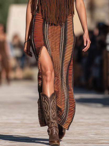 Robe Maxi Tricotée à Capuche avec Franges - Style Western Rétro à Rayures Colorées, Expédition en 24 Heures!