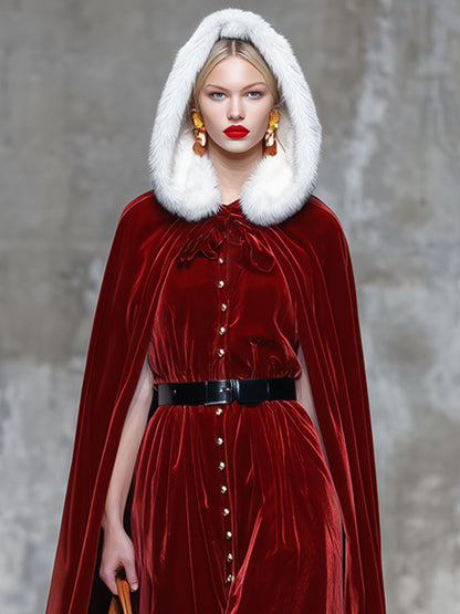 Robe Capée Vintage en Velours Rouge avec Col en Fourrure et Capuche