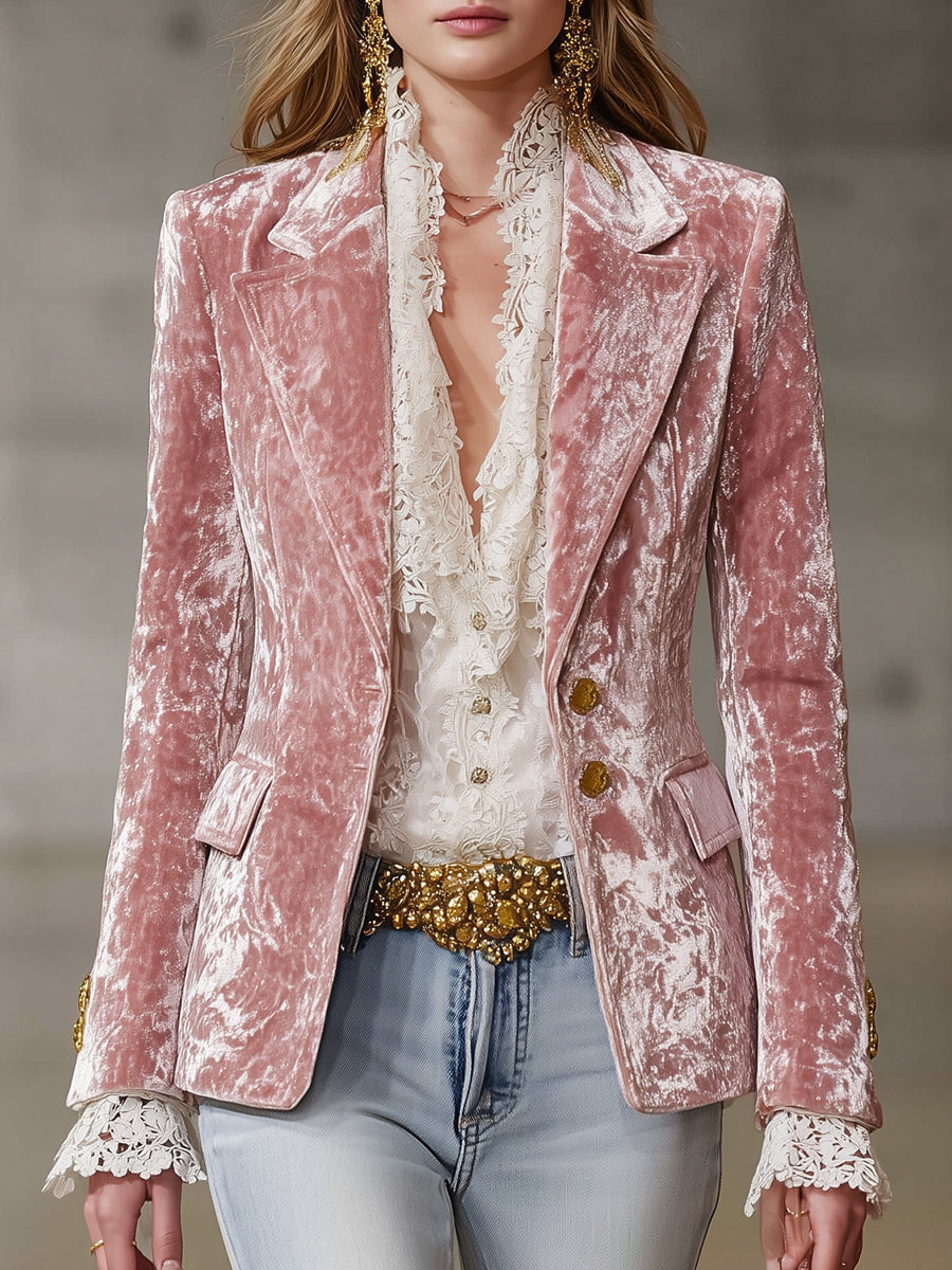 Veste en Velours Rose Vintage avec Détails Dorés