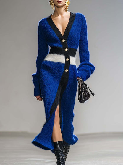 Robe Midi Tricotée Bleu Royal avec Col V et Boutons Latéraux