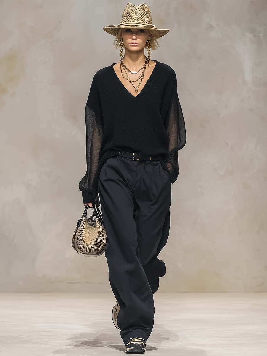 Décontractée et Élégante : Blouse Noire en Maille Transparente à Col V