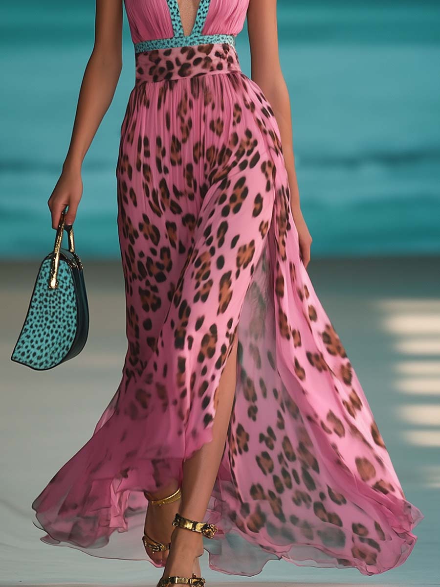 Robe Maxi Fendue en Chiffon Rose à Imprimé Léopard - Col V Chic et Rétro, Expédition Rapide sous 24h