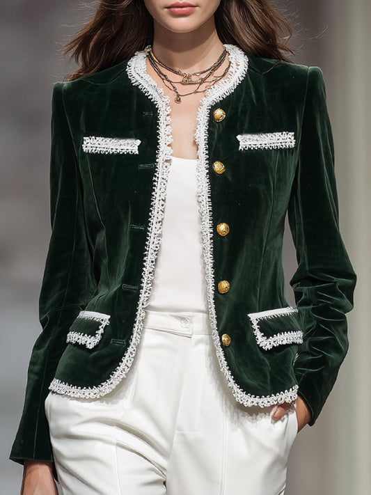 Veste en Velours Élégante à Col Ronde, Boutonnage Pratique et Poches Multiples