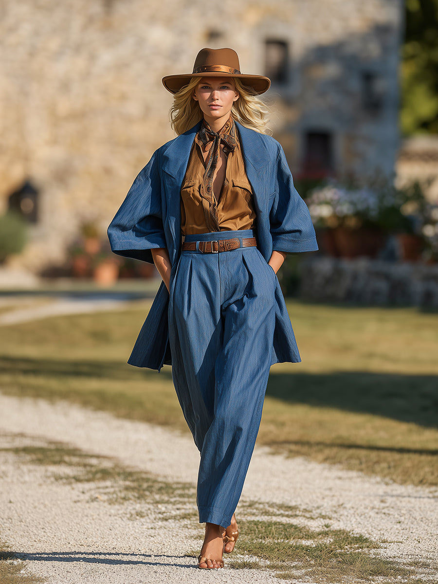 Veste en Jean Western Élégante avec Pantalons Carottes Chic