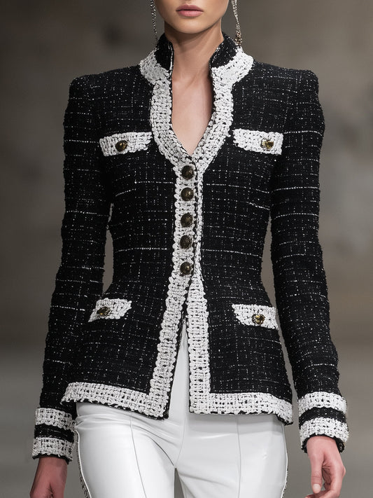 Veste Tendance en Tweed Noir à Motifs Chic