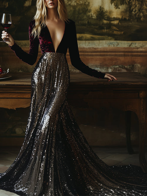 Robe Maxi Élégante en Velours à Sequins - Décolleté en V, Expédition Rapide sous 24 Heures