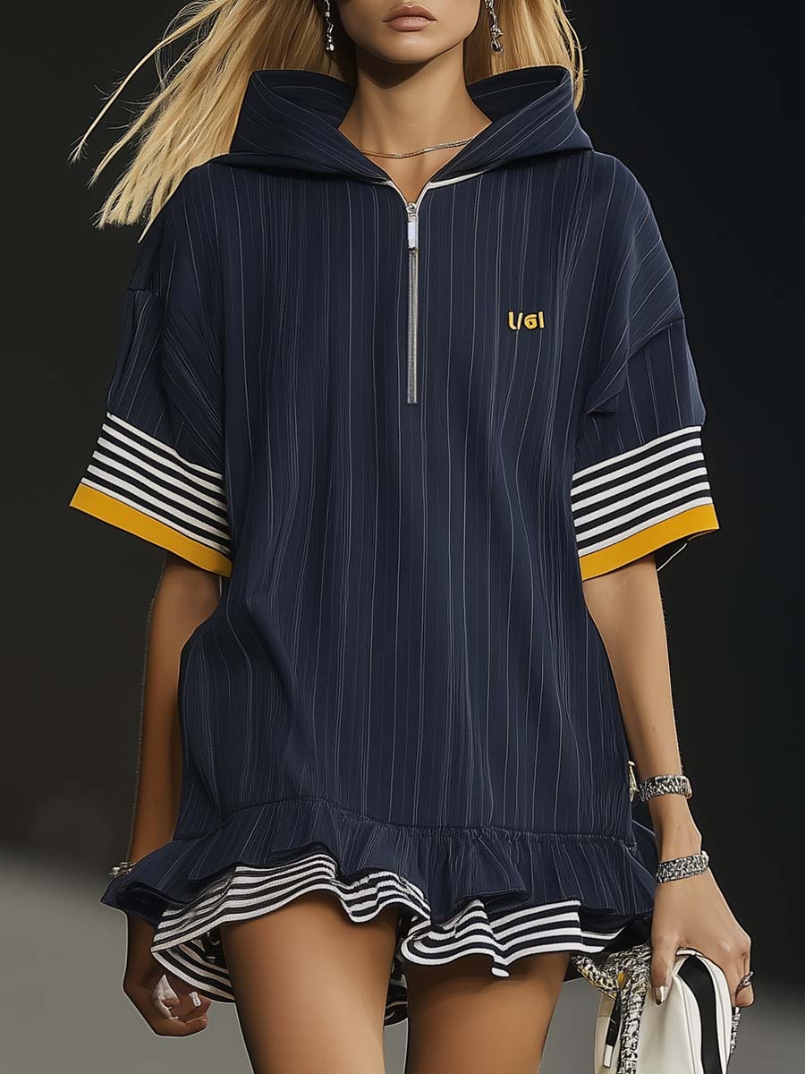 Robe Hoodie Ultra-Large à Zip - Mini Style Décontracté avec Manches Courtes et Ourlet Volanté en Bleu Marine - Expédition Rapide sous 24h