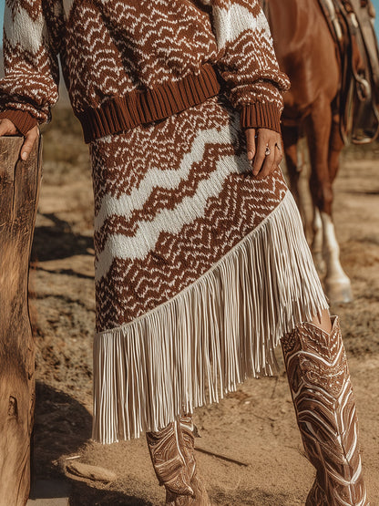 Ensemble Western Rétro : Pull Zigzag et Jupe Frangée