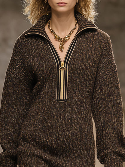Vintage Cocoa Brown Cozy Knit Zip-Up Mini Dress