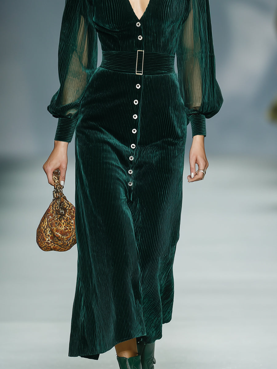 Robe Midi Vintage en Velours Côtelé Vert Foncé - Élégance Rétro