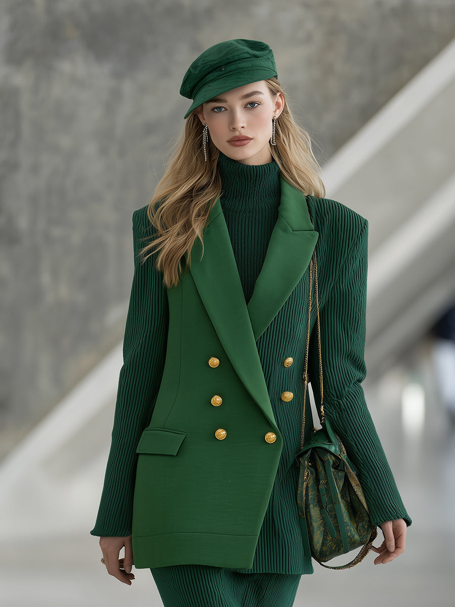 Vintage Chic: Double-Breasted Green Patchwork Blazer