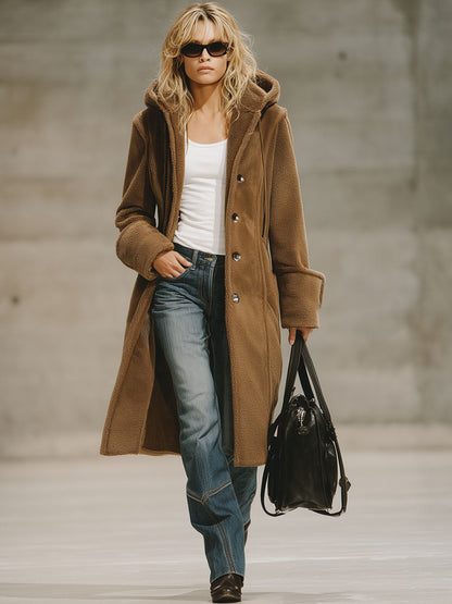 Veste Polaire à Capuche avec Poches Doubles et Boutonnage Élégant