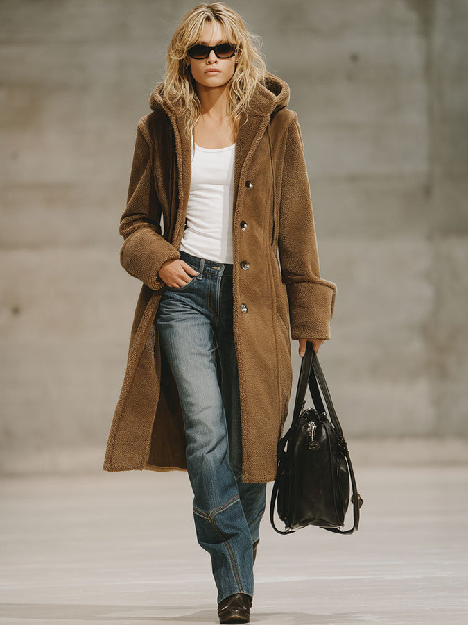 Veste Polaire à Capuche avec Double Poche et Boutonnage Élégant