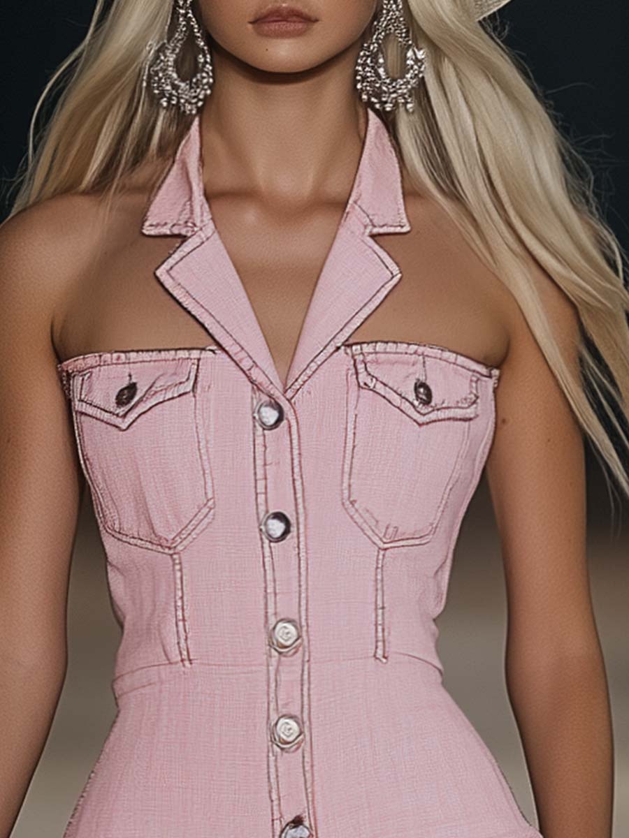 Robe Mini en Denim Rose à Épaules Dégagées - Col à Revers et Boutons | Livraison en 24 Heures