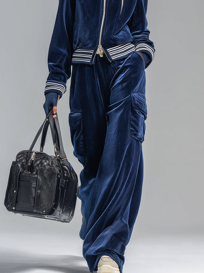 Ensemble Sportif Rétro en Velours Côtelé Bleu Foncé : Veste et Pantalon