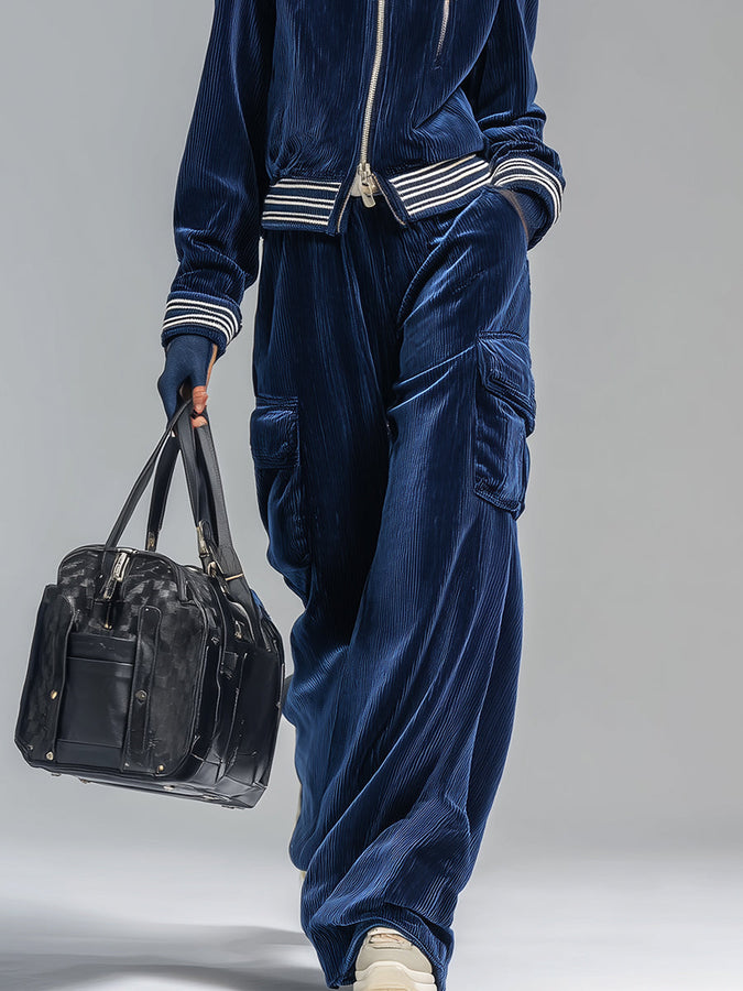 Ensemble Sportif Rétro en Velours Côtelé Bleu Foncé : Veste et Pantalon