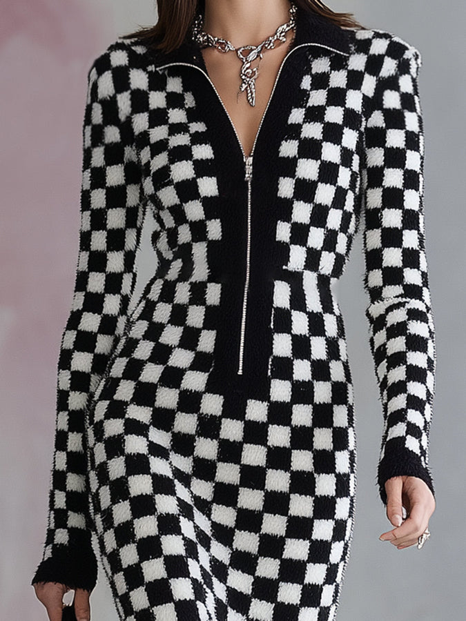 Chic Midi Robe Zippée en Mohair à Motif Carreaux Noir et Blanc