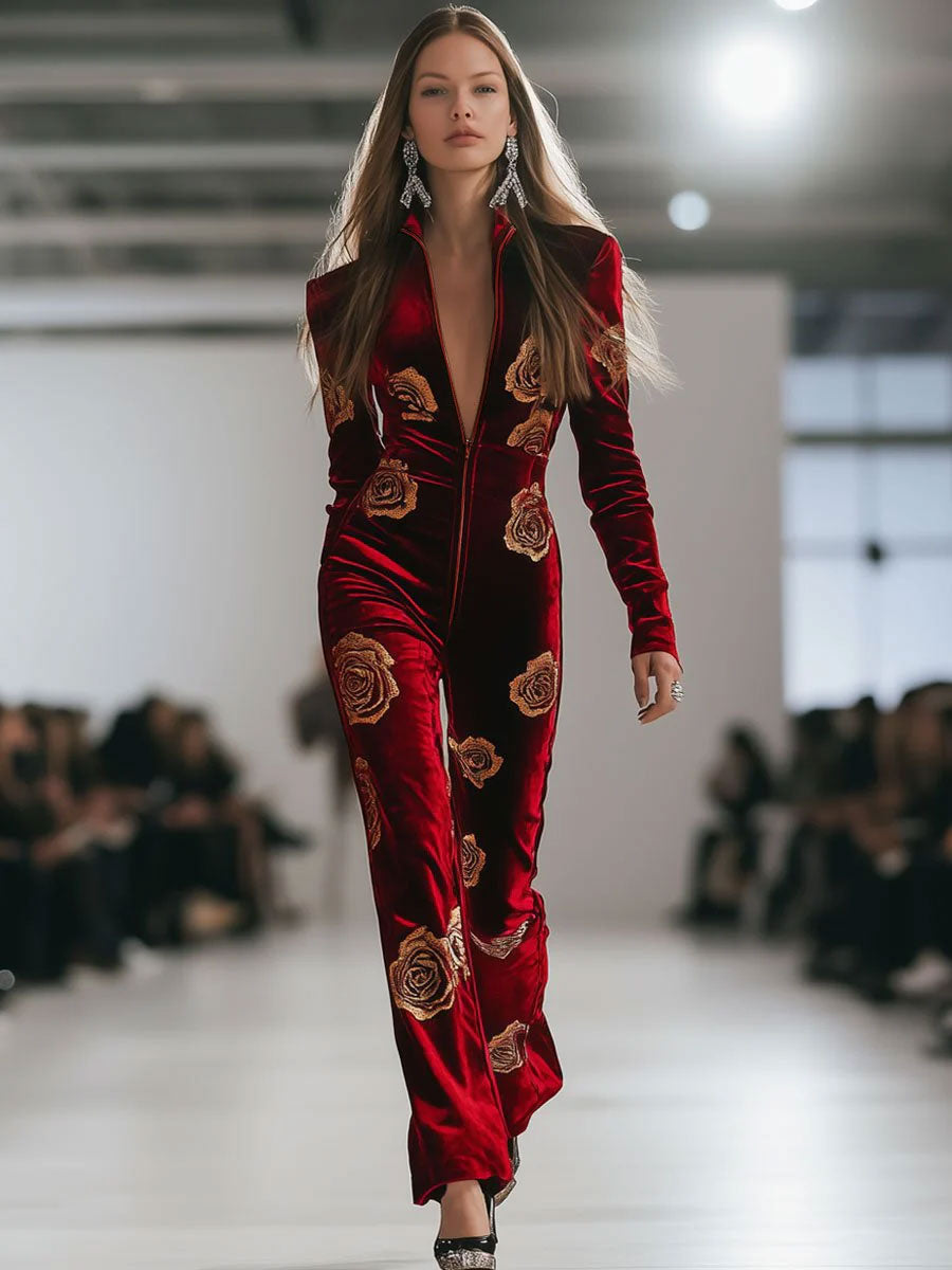 Expédition rapide en 24h : Salopette en velours rouge rétro avec impression de roses dorées et zip, style décontracté