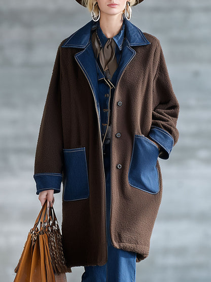 Veste en polaire chocolat avec patchwork en denim - Style nomade urbain rétro
