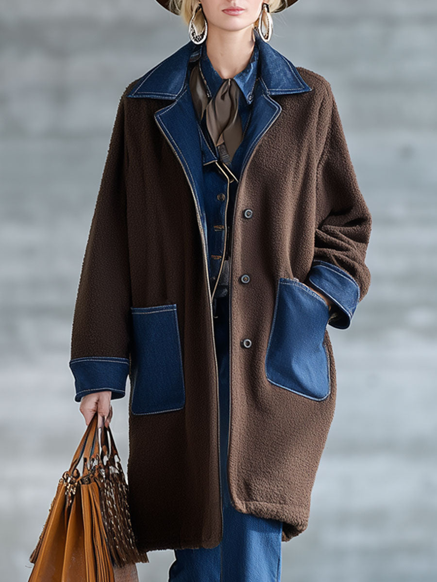 Veste en polaire chocolat avec patchwork en denim - Chic nomade urbain rétro