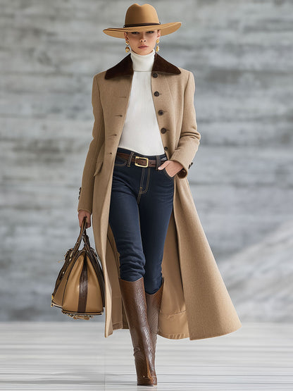 Veste Longue en Suédine Kaki Foncé - Élégance Décontractée au Style Rétro