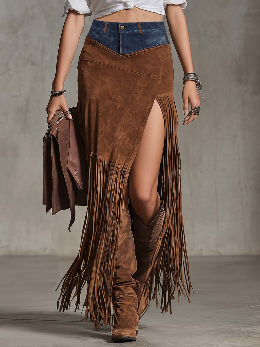 Exquisite Brown Asymmetrical Suede Maxi Skirt with Fringe and Vintage Western Patchwork