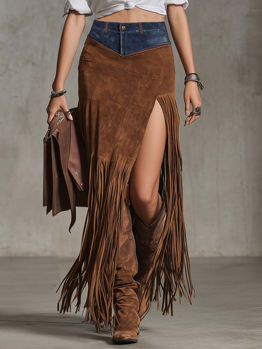 Exquisite Brown Asymmetrical Suede Maxi Skirt with Fringe and Vintage Western Patchwork