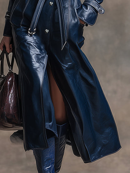 Veste Longue en PU Marine avec Ourlet Contrasté au Style Rétro et Tendance