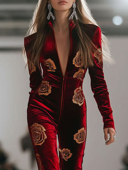 Expédition rapide en 24h : Salopette en velours rouge rétro avec impression de roses dorées et zip, style décontracté