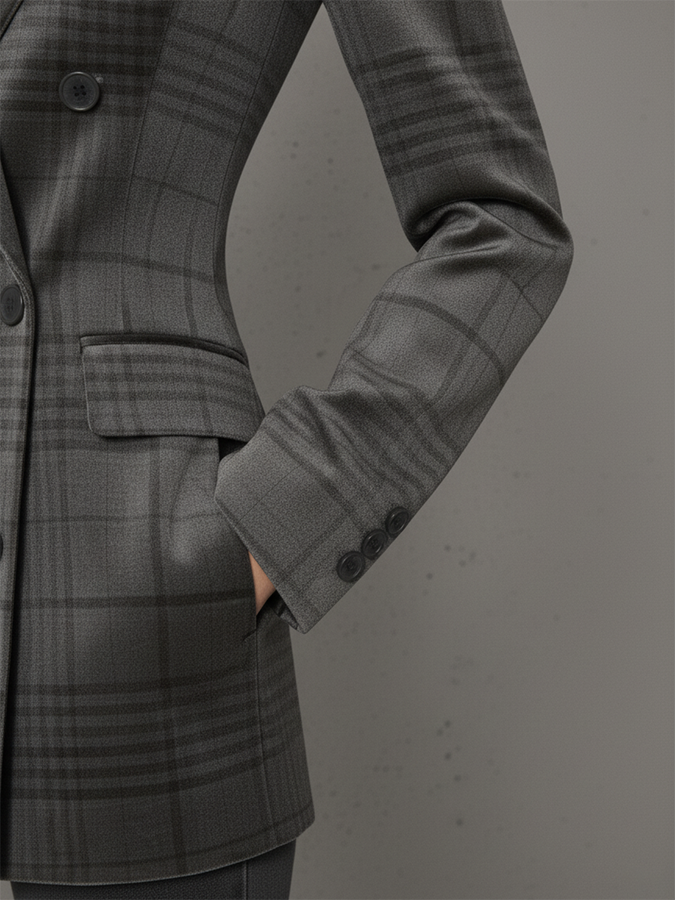 Veste Velours Vintage à Imprimé Vichy avec Double Boutonnage
