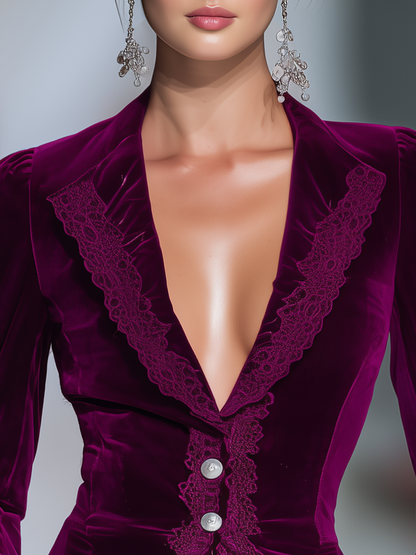 Élégant Blazer Vintage en Velours avec Détails en Dentelle