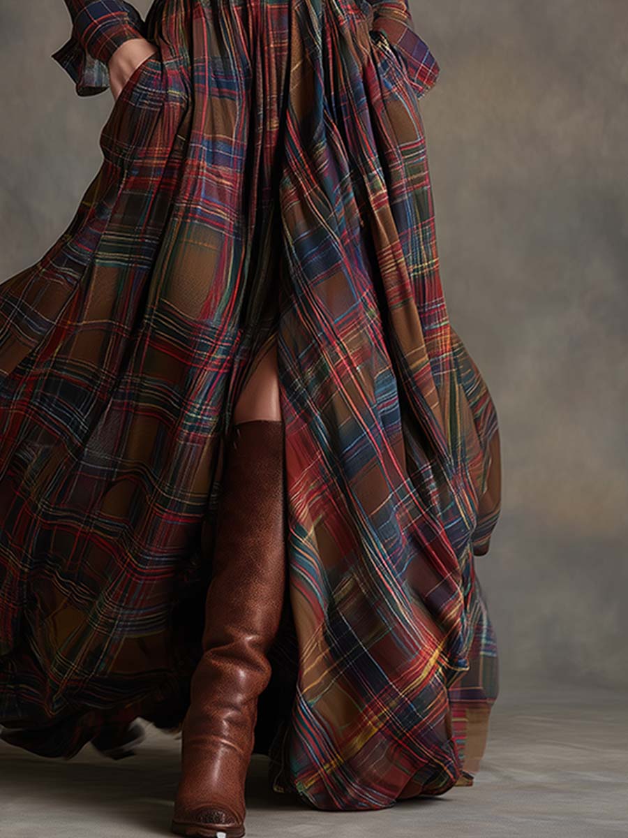 Robe Maxi Ethnique Rétro à Motifs Carreaux Marron et Rouge
