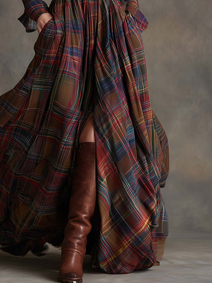 Robe Maxi Ethnique Rétro à Motifs Carreaux Marron et Rouge