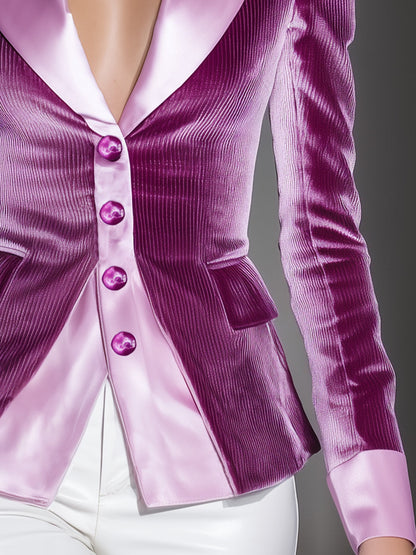 Chic Blazer Boutonné en Corderoy et Satin Rose