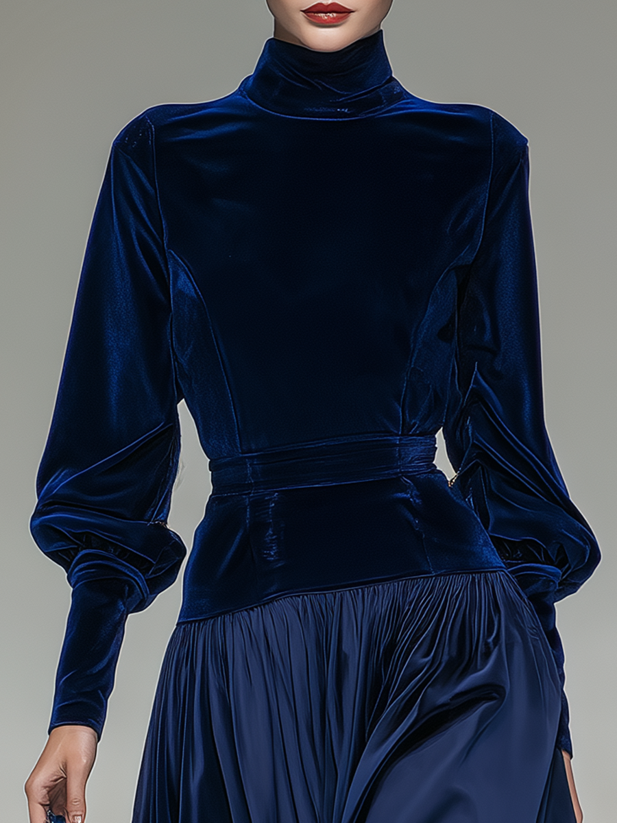 Robe Rétro Élégante en Velours Satin avec Col Montant et Manches Longues Patchwork