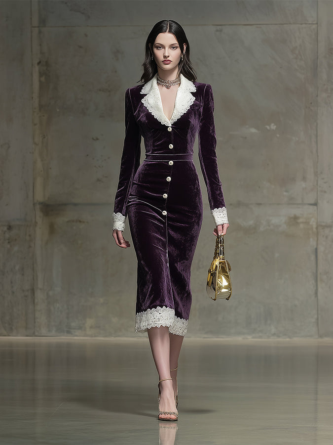 Robe Midi Élegante en Velours Violet avec Broderie en Dentelle et Détails Boutonnés