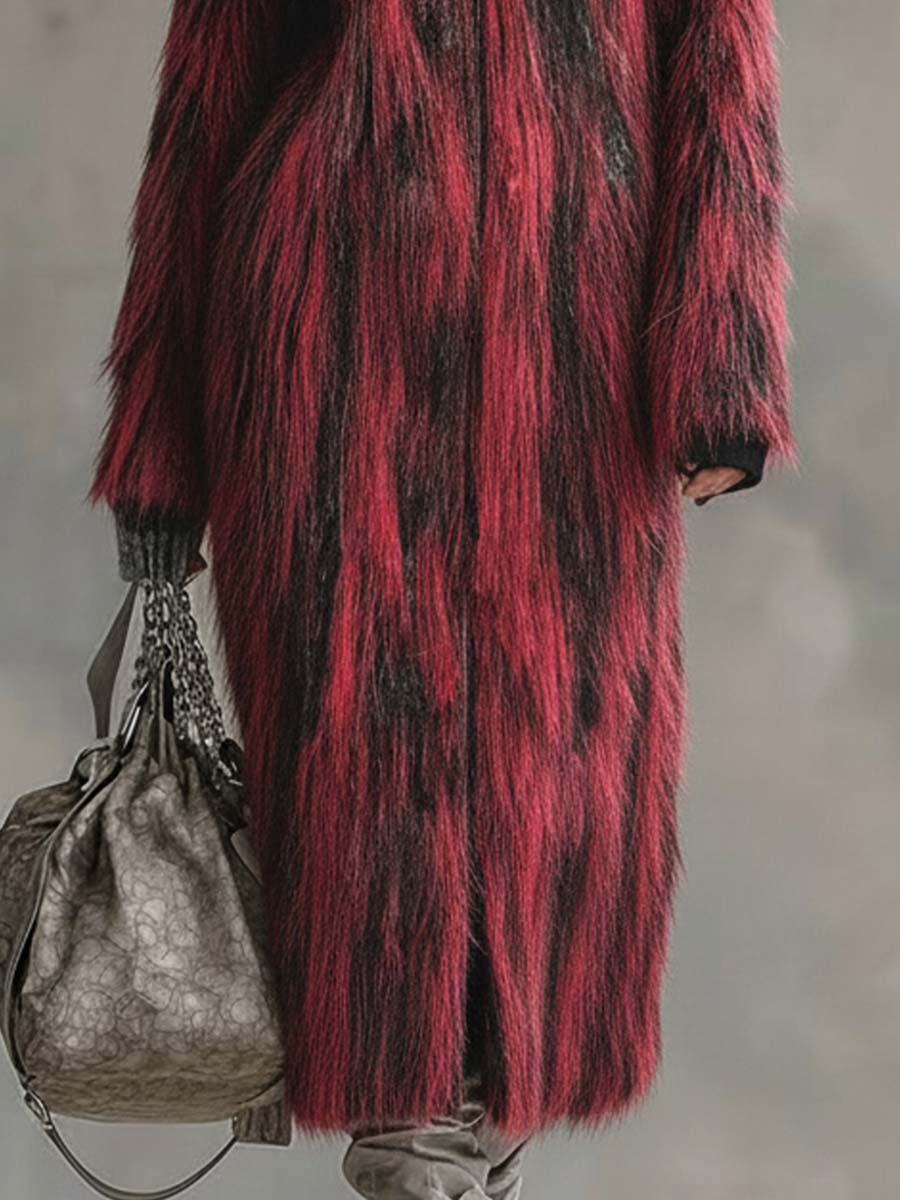 Veste Écologique en Fourrure Noir et Rouge avec Col Montant et Fermeture Éclair