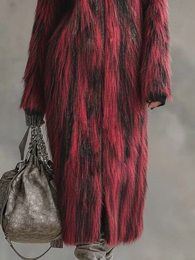 Veste Écologique en Fourrure Noir et Rouge avec Col Montant et Fermeture Éclair