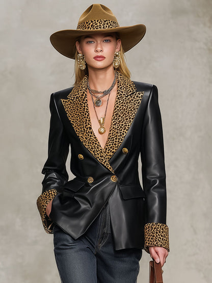 Blazer Casual en Simili Cuir avec Motif Léopard