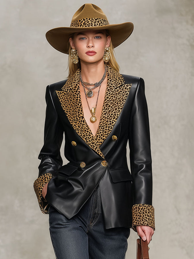 Blazer Casual en Simili Cuir avec Motif Léopard