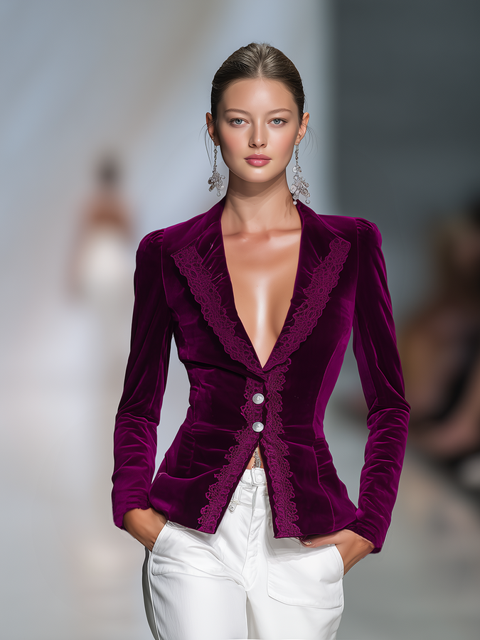 Veste Vintage en Velours Élégante avec Détails Lacés et Boutonnage Simple