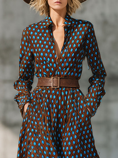 Robe Maxi Chemisier Vintage à Motif Diamant Bleu et Marron