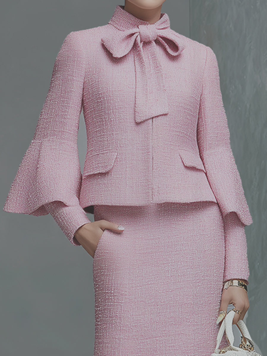Ensemble Chic en Tweed : Veste à Manches Trompette et Jupe Élégante avec Nœud