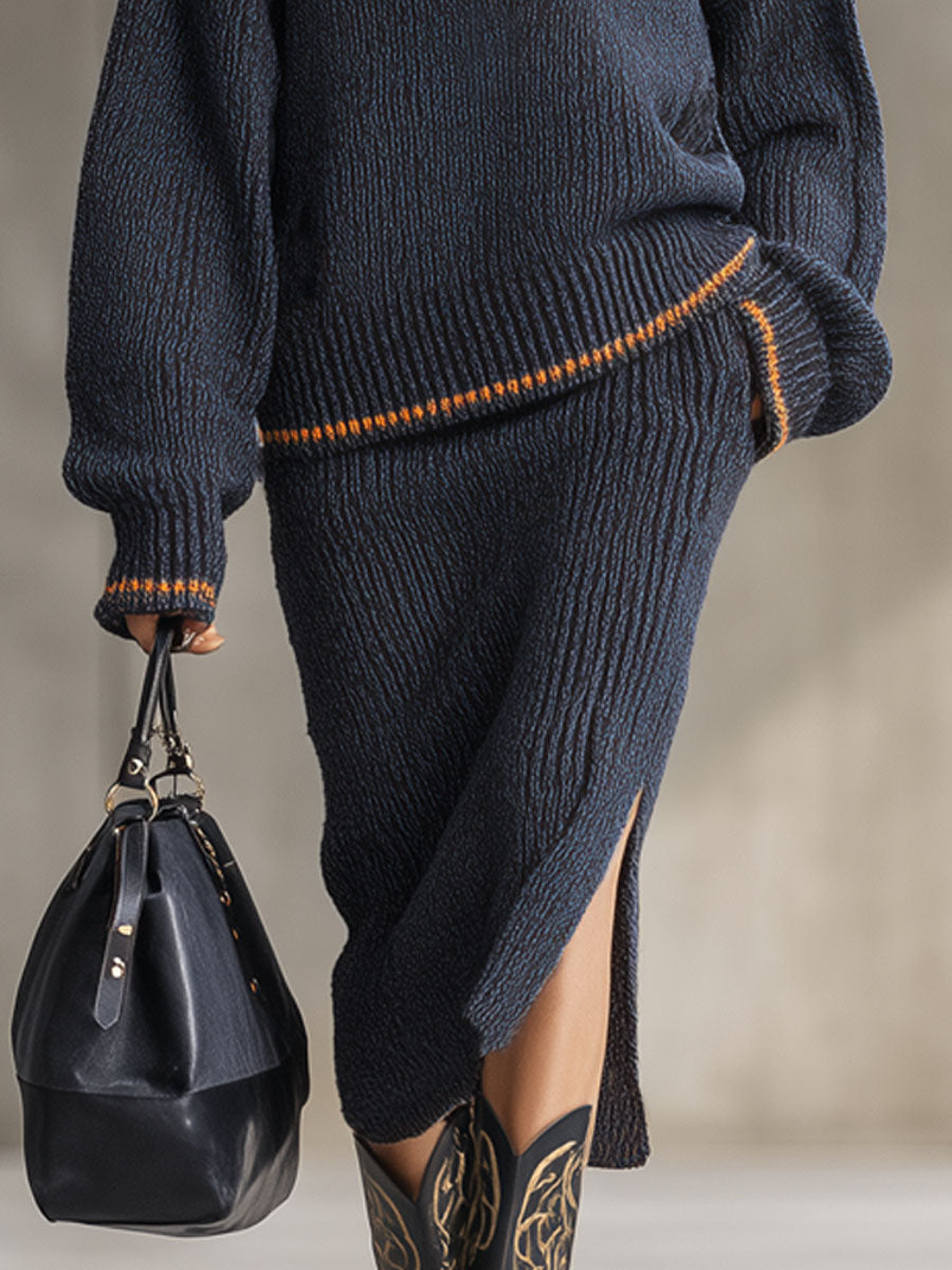 Ensemble Tricoté Chic : Sweat-Shirt Ample à Contraste et Jupe Assortie