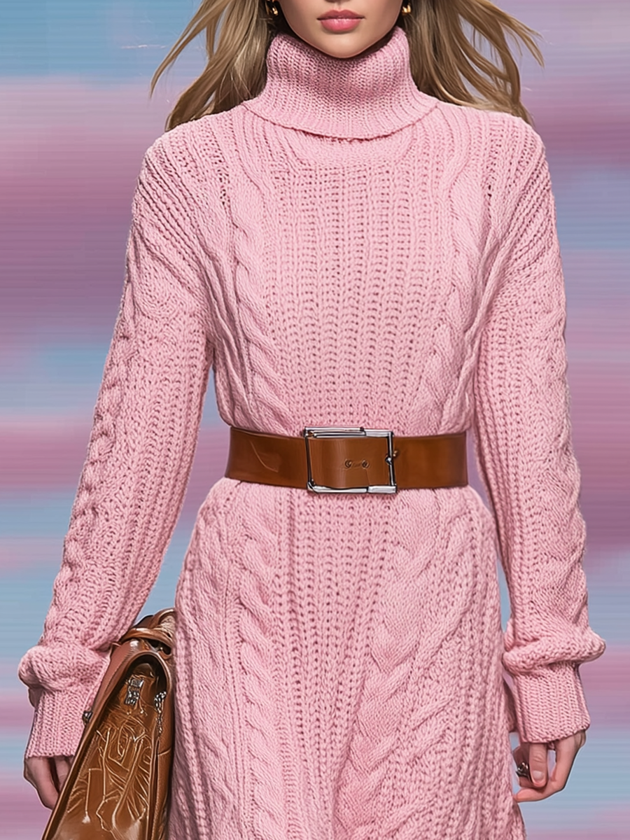 Robe Vintage Tricotée avec Col Montant et Manches Longues