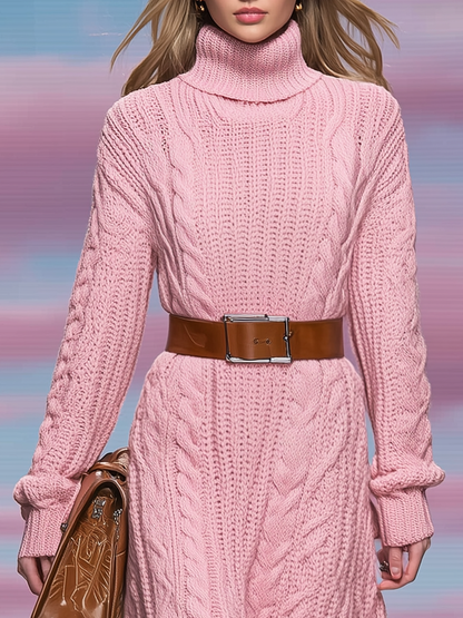 Robe Vintage Tricotée avec Col Montant et Manches Longues